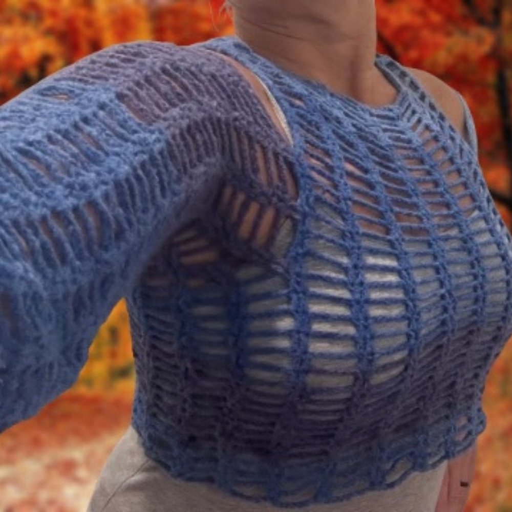 Handmade crochet distressed cold shoulder crop top long sleeves fishnet